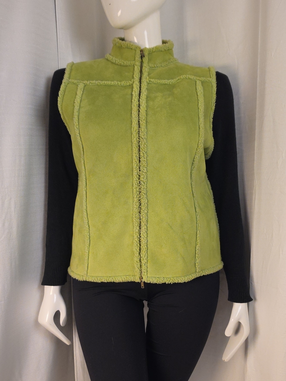 Liz Claiborne Lime Green Faux Suede Faux Shearling Zipper Front Vest Size Large
